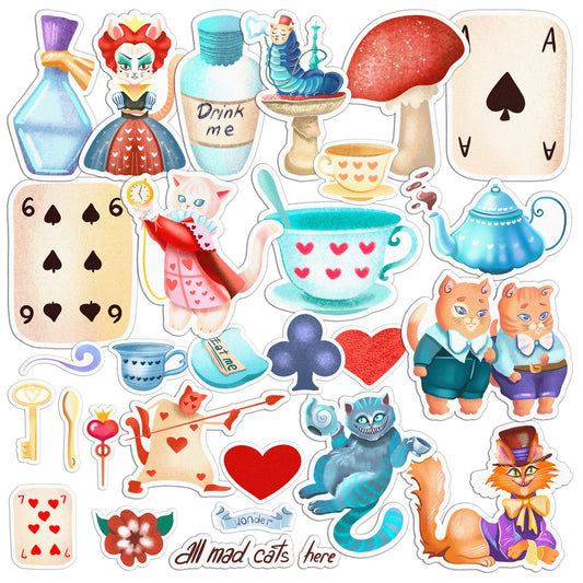 Cavka 28 PCS Sticker Pack for Laptop Alice in Meowderland